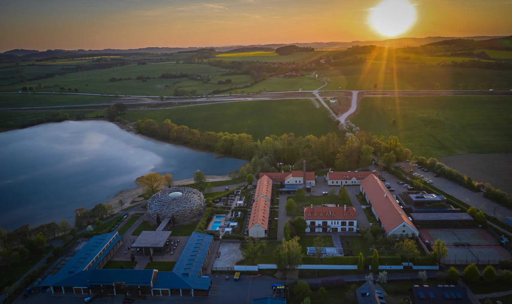 Resort Čapí hnízdo from above at sunset