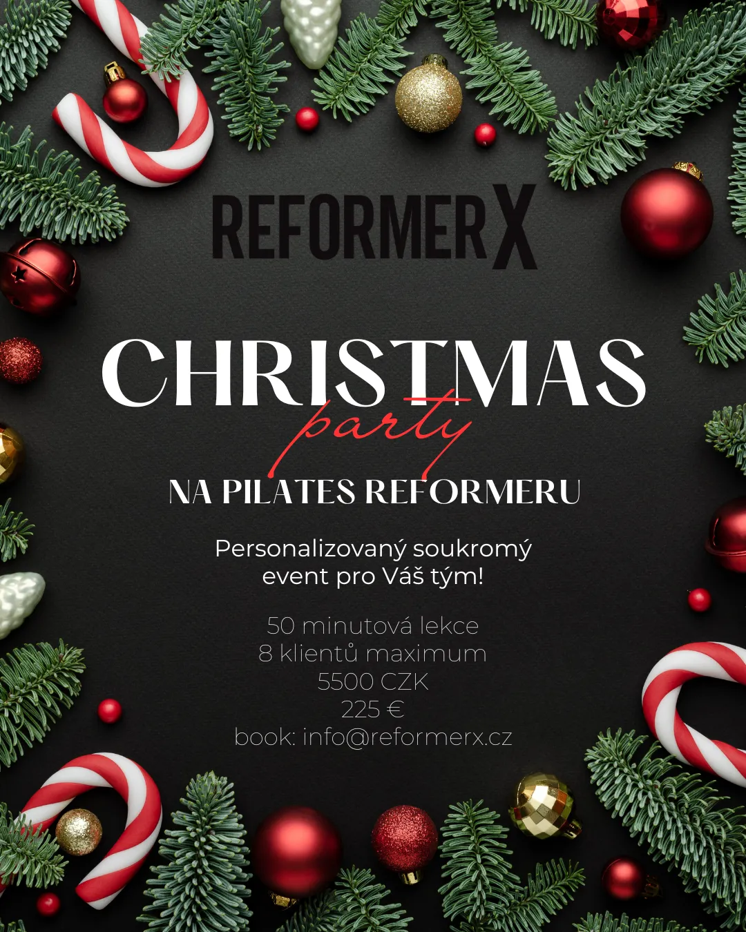 Christmas party na Pilates reformeru: personalizovaný soukromý event pro váš tým – 50minutová lekce, max. 8 klientů, 5 500 Kč / 225 €, rezervace na info@reformerx.cz