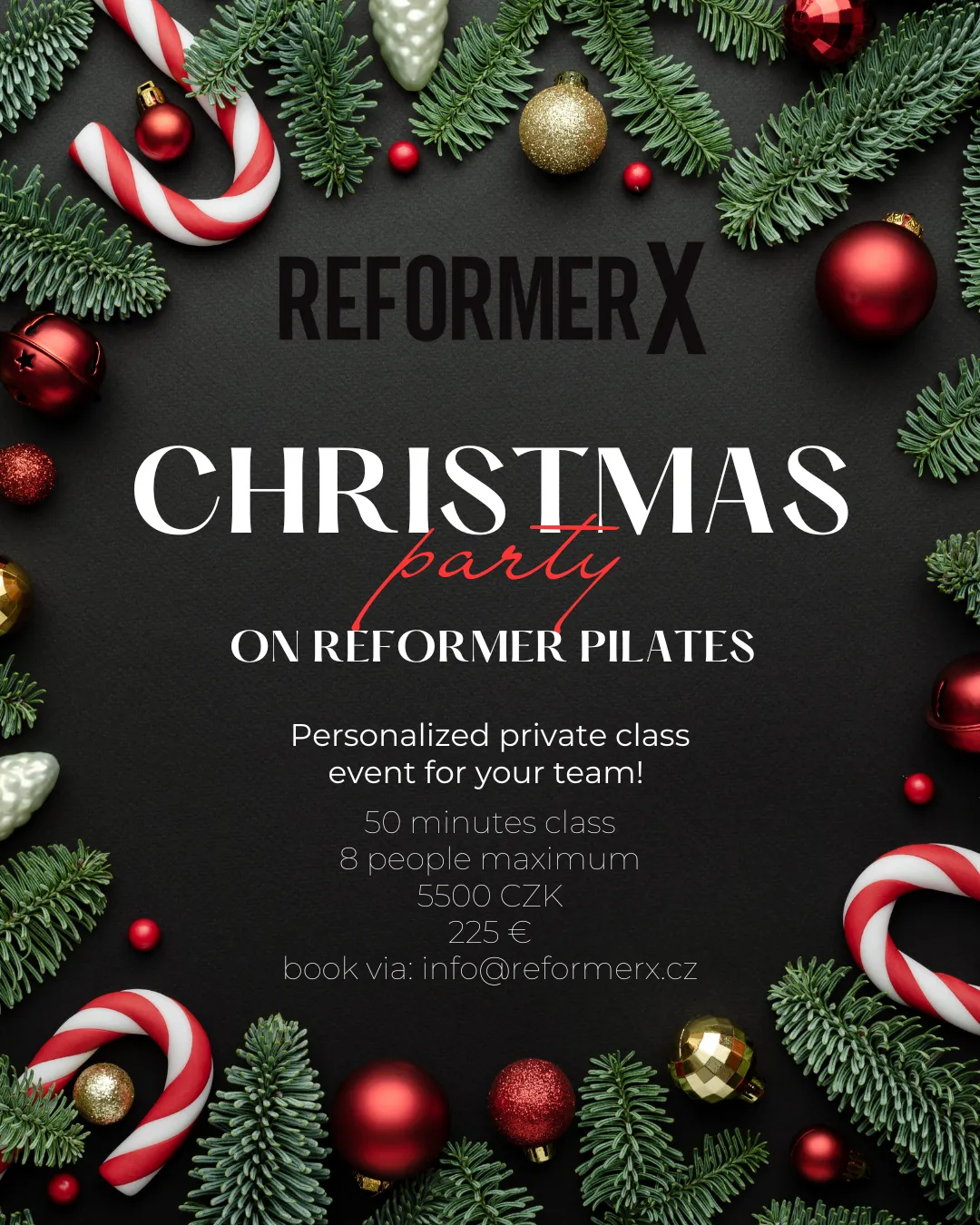 Christmas party on Reformer Pilates: a personalized private class event for your team – 50 minutes, up to 8 people, 5,500 CZK / €225, book via info@reformerx.cz