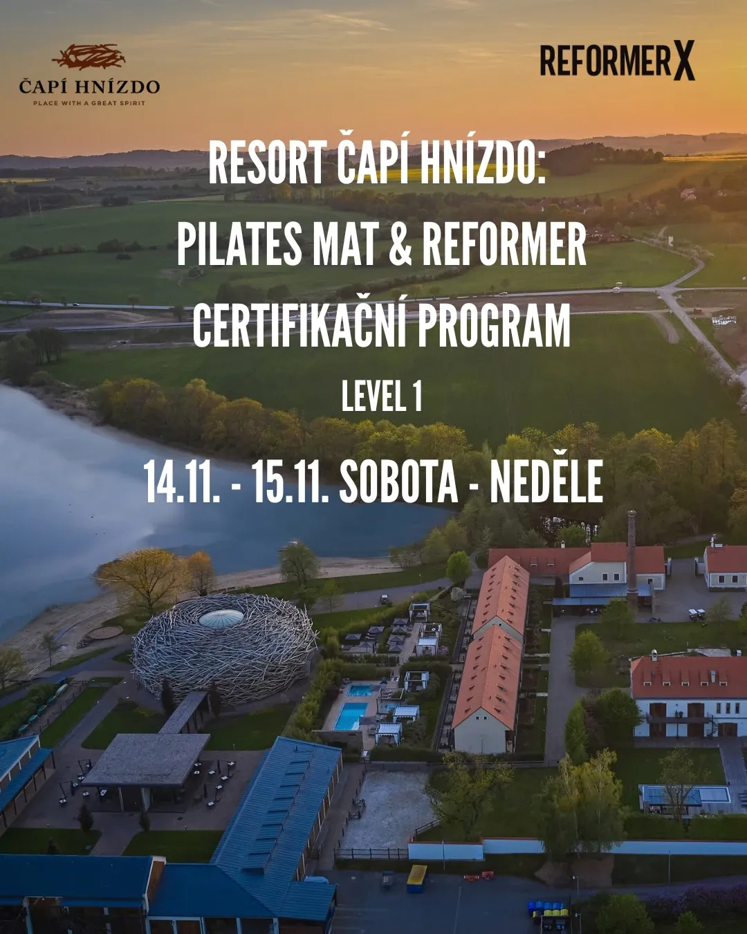 Poster for the Pilates MAT & Reformer certification programme at Resort Čapí hnízdo, 14–15 November